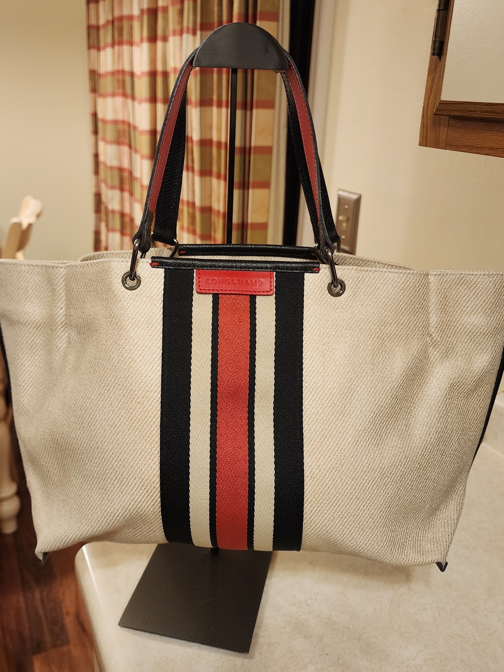 Longchamp Beige Canvas Tote with Black and Red Stripes